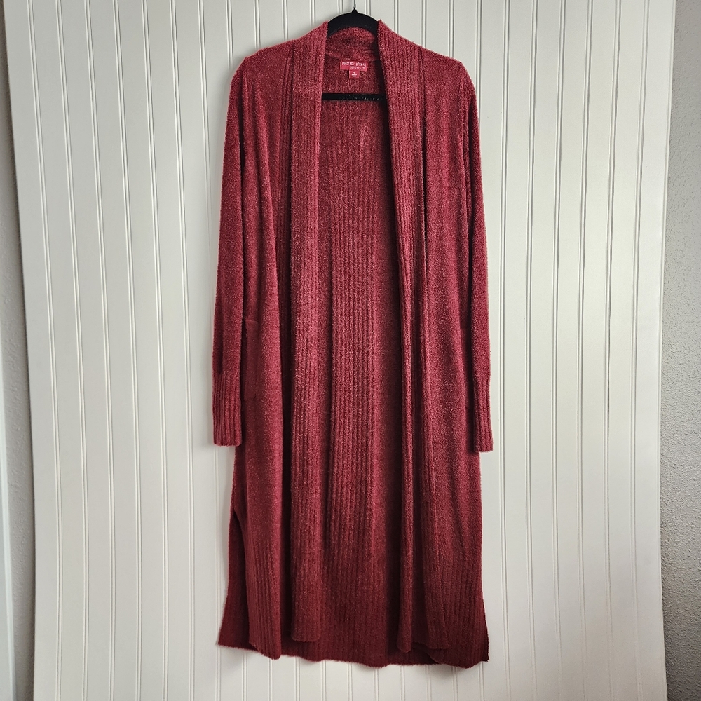 BAREFOOT DREAMS Cozychic Lite Maroon Fuzzy Open Front Long Length Cardigan Small